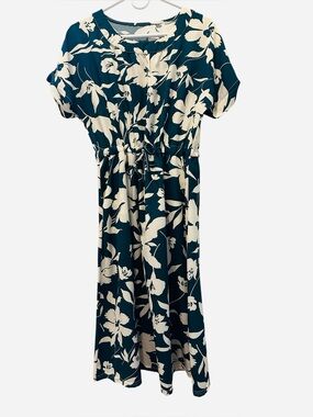 Taiwan Women’s Teal & White Floral Tie-Waist Midi Slipon Dress M/L Cottagecore
